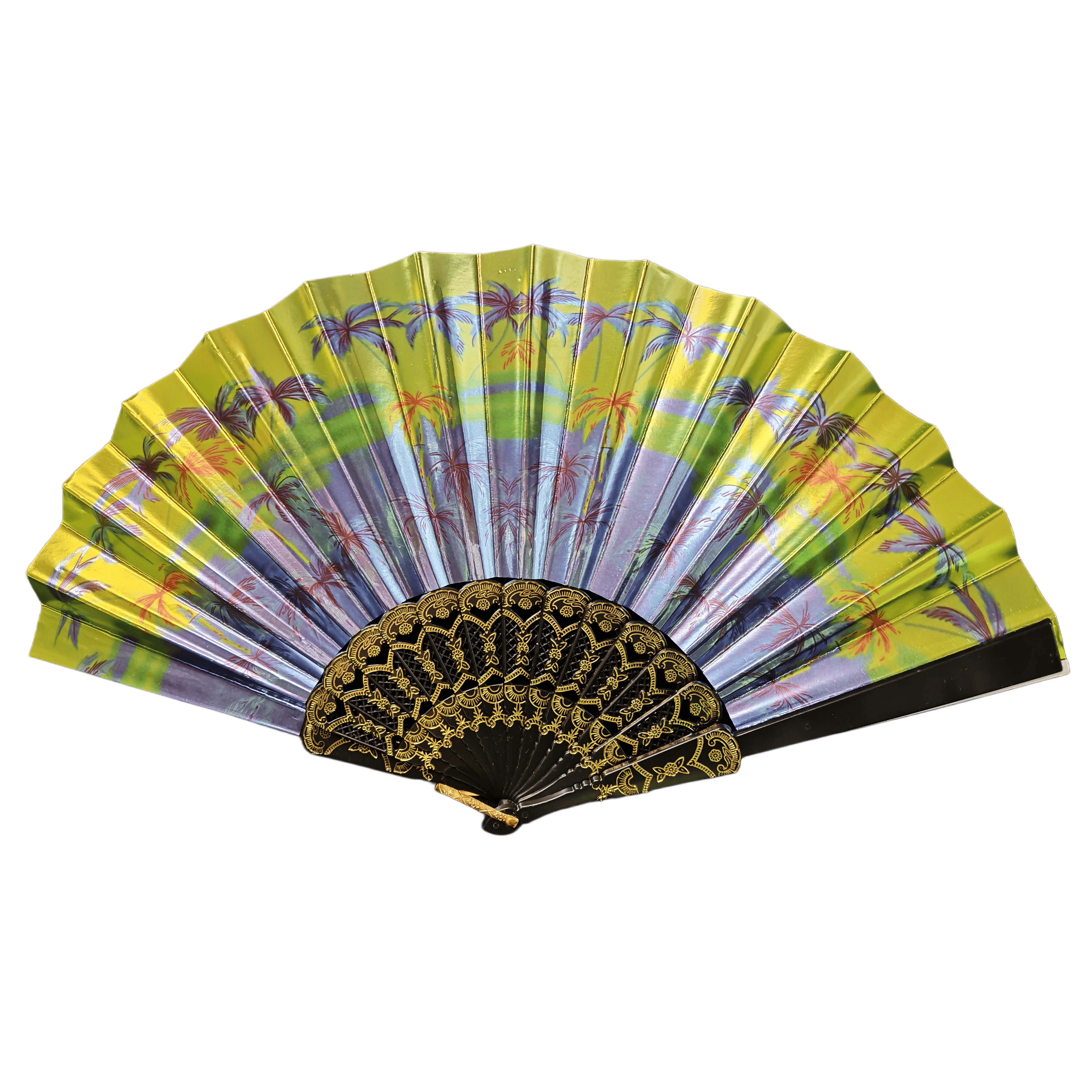 Leque de Mão em Plástico com Revestimento Metálico Temático de Palmeiras Tropicais – Leque Dobrável com Estampa de Pôr do Sol Neon e Hastes com Gravação Dourada para Resorts e Clubes de Praia