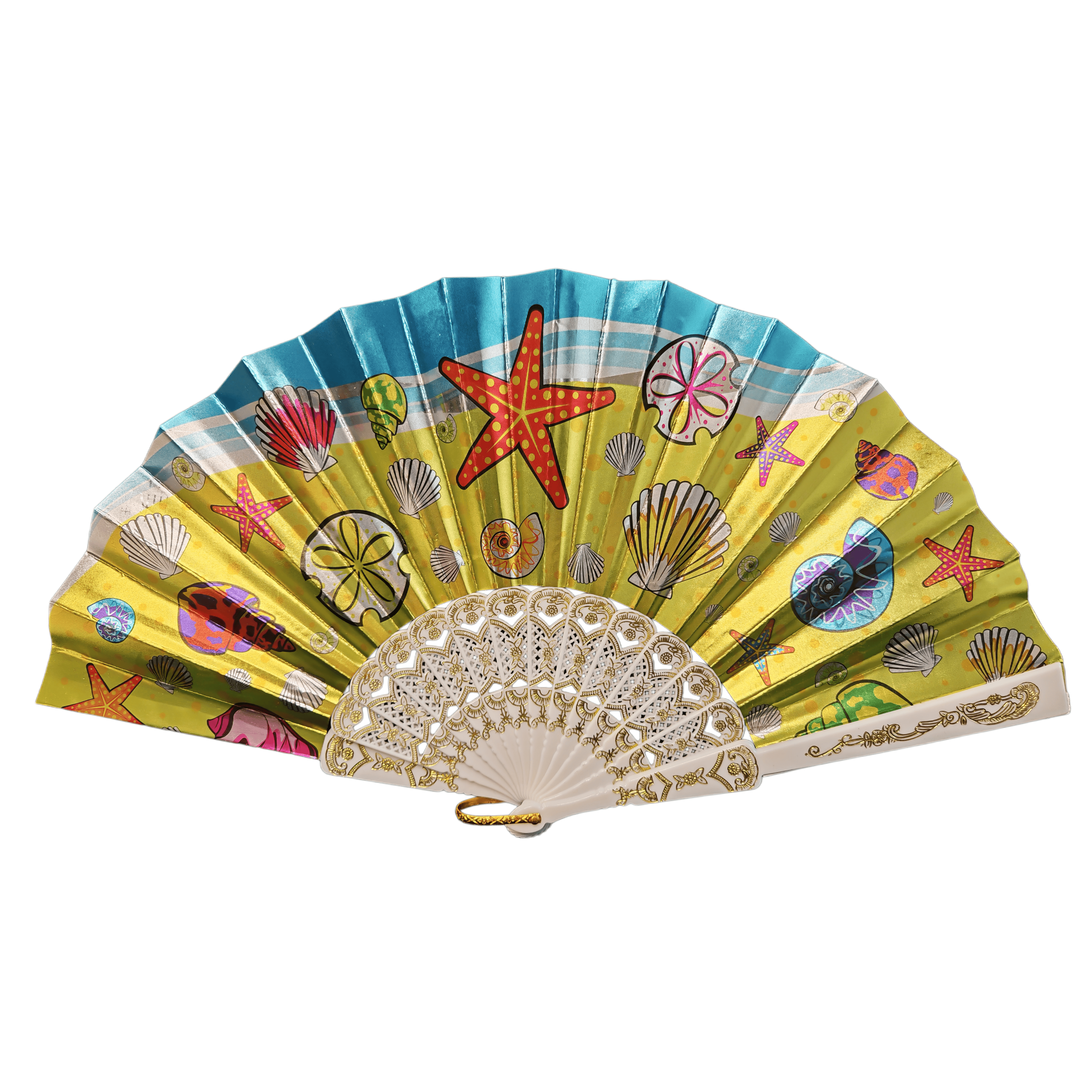 Leque de mão em papel plástico com conchas e estrelas-do-mar em folha metálica – elegante leque dobrável costeiro como lembrança, com nervuras brancas douradas a relevo