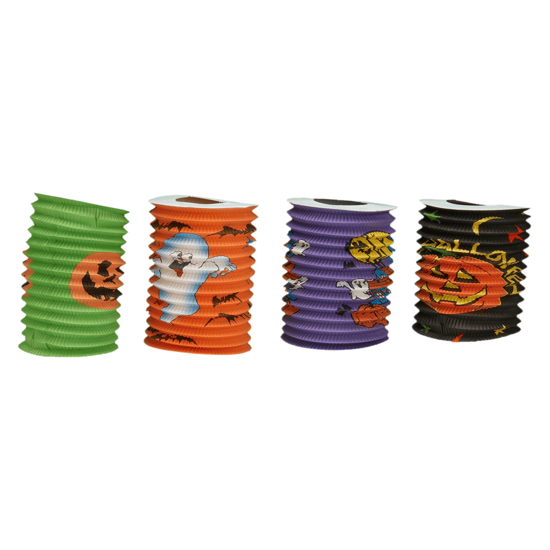 Conjunto Cilíndrico de Lanternas de Papel para Halloween – 4 Peças com Estampas Variadas de Abóbora, Fantasma e Morcego para Decoração de Festivais e Festas