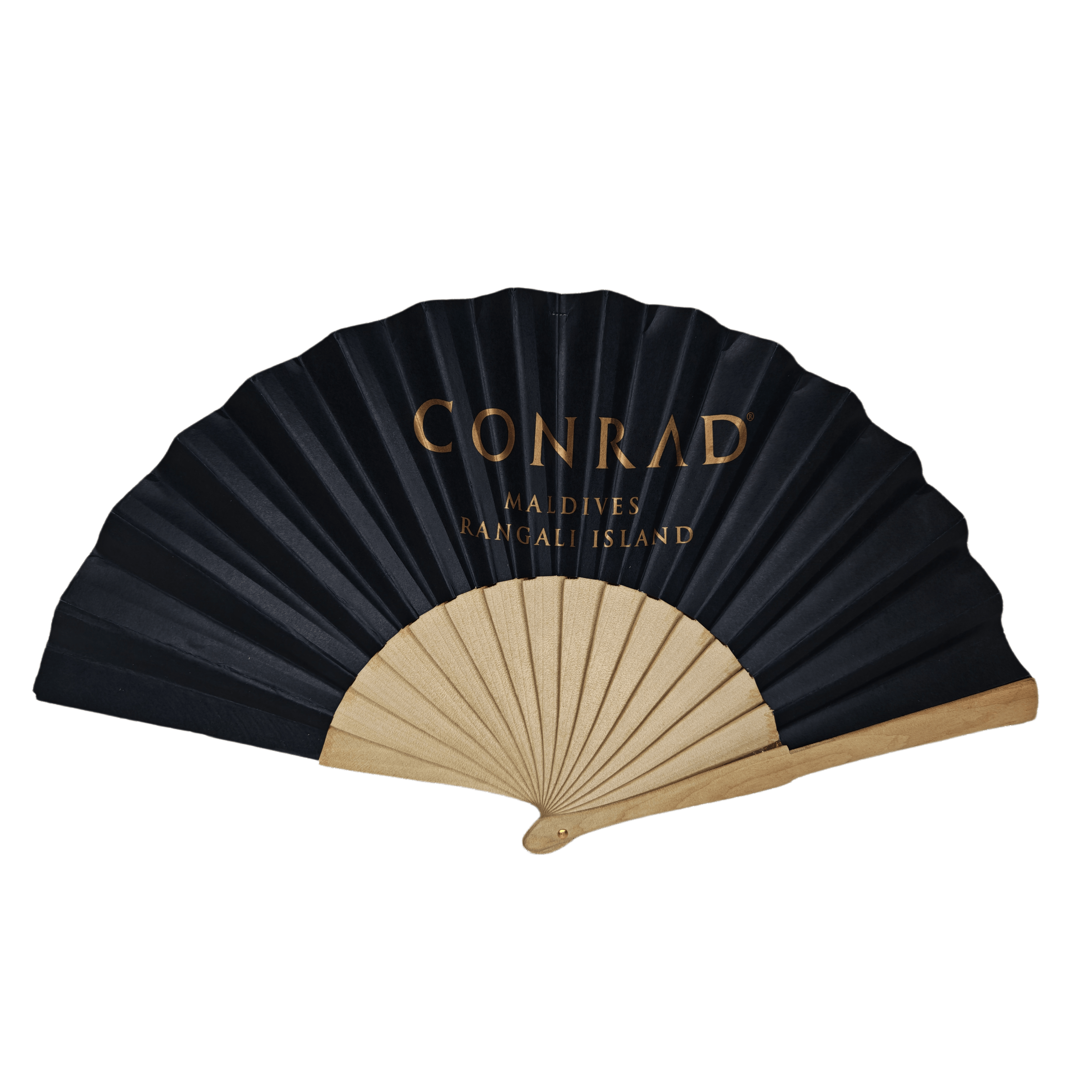 Leque de Madeira de Luxo em Papel Preto – Leque Dobrável Personalizado com Folha de Ouro para Resorts, Casamentos em Destino e Hospitalidade VIP