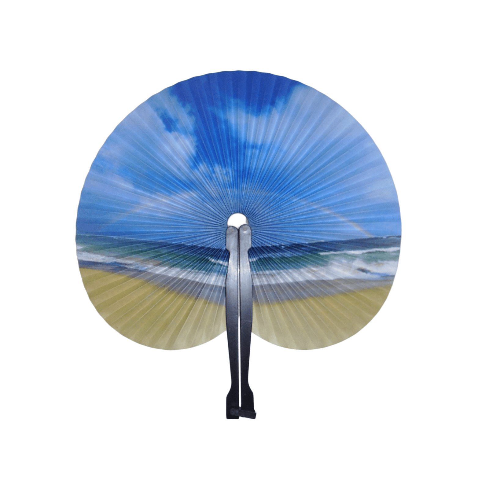 Leque de Bolso em Papel com Cenário Fotográfico – Leque Redondo Dobrável Portátil com Temas de Praia e Arco-Íris para Agências de Viagens e Resorts Costeiros