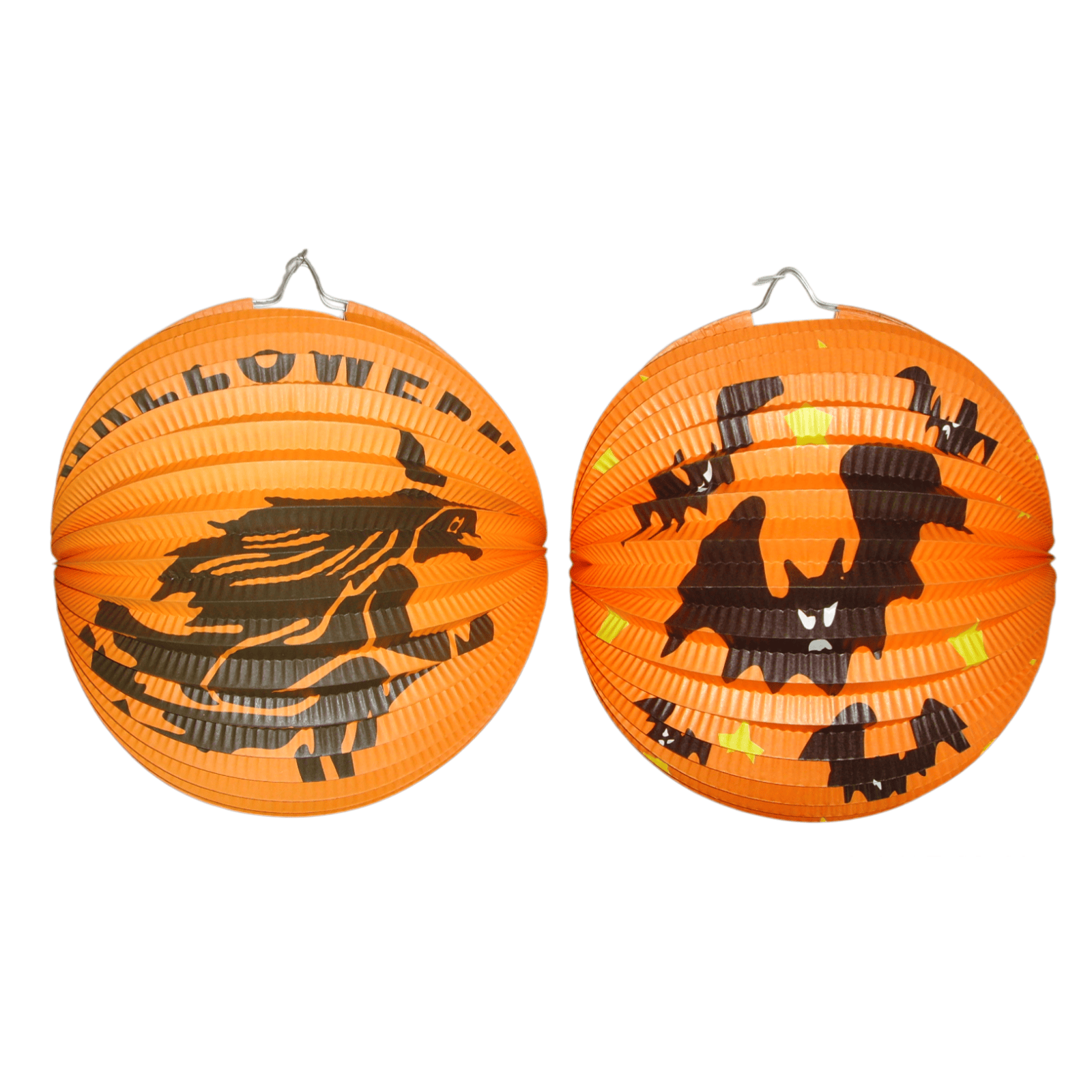Conjunto de 2 Lanternas de Papel Redondas com Estampas de Bruxa e Morcego Laranja para Decoração de Festa de Halloween