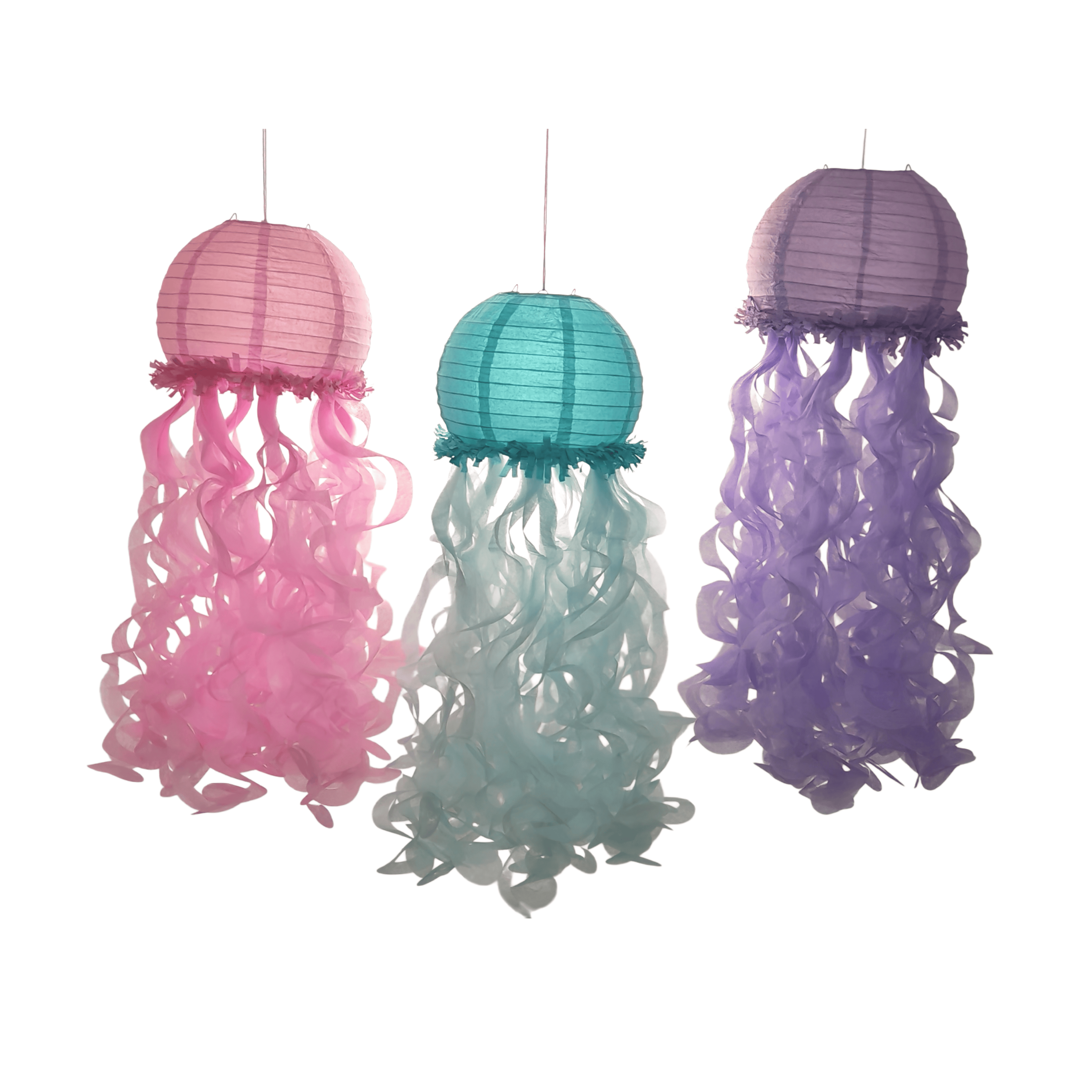 Lanterna de Papel em Forma de Água-Viva em Tons Pastel com Tentáculos Cascata – Decoração Pendurada Tridimensional Única em Formato Especial para Festas Temáticas de Sereia e do Fundo do Mar