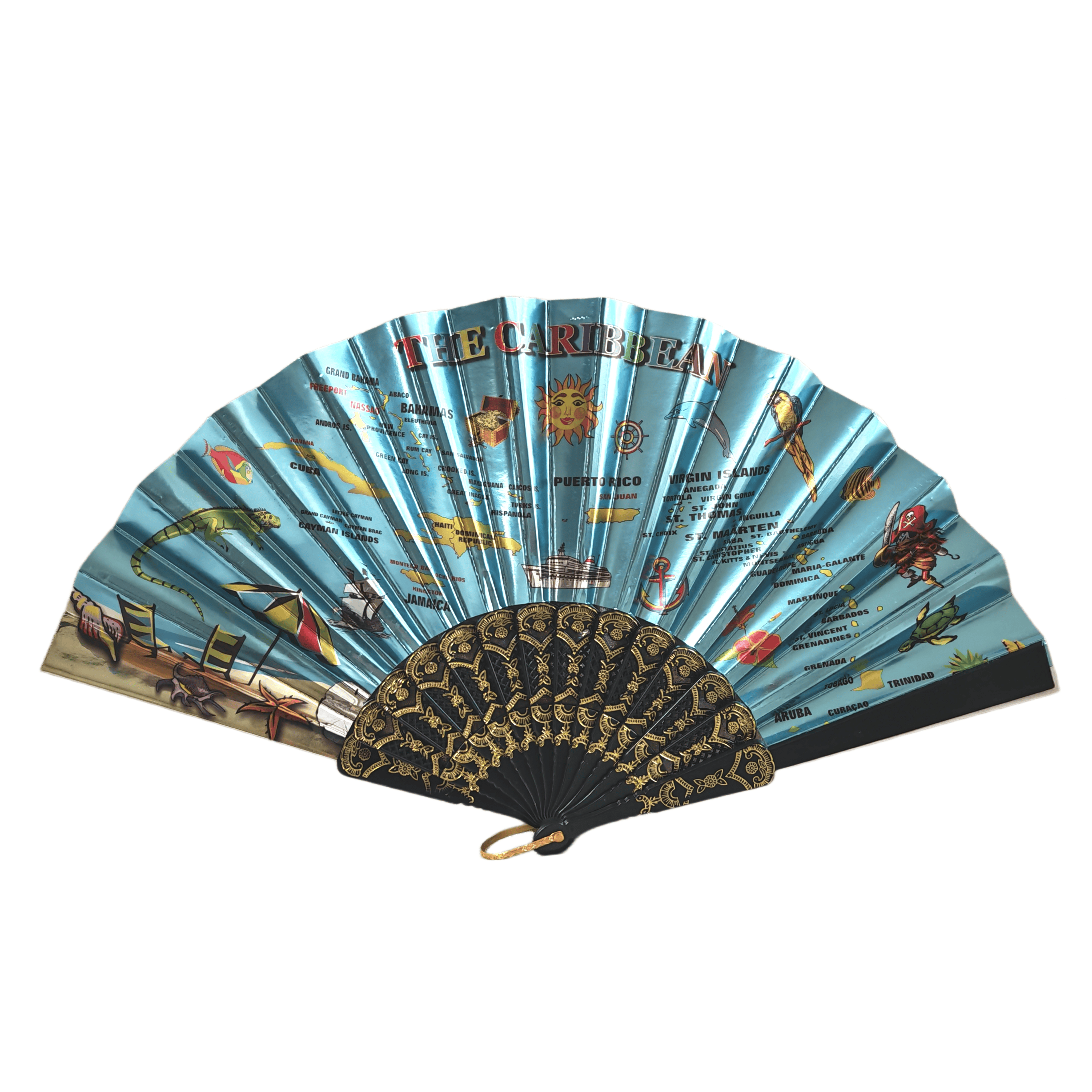 Leque de Mão em Papel e Plástico com Revestimento Metálico – Leque Dobrável Souvenir Tropical com Mapa do Caribe para Cruzeiros e Hastes com Gravação Dourada