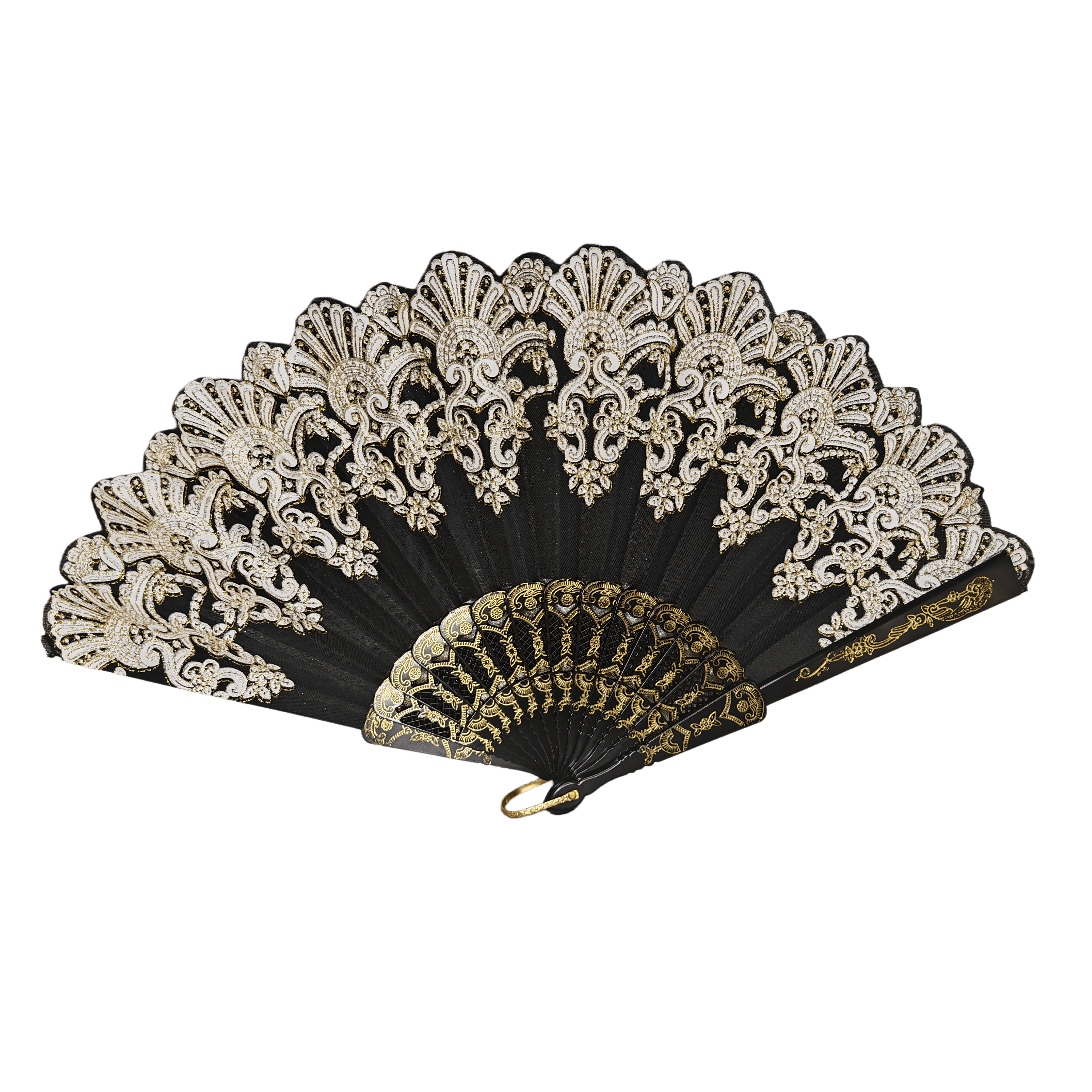 leque de mão espanhol de 23 cm – Leque dobrável premium barroco floral com borda em concha e nervuras estampadas a ouro, ideal para eventos teatrais e luxuosos