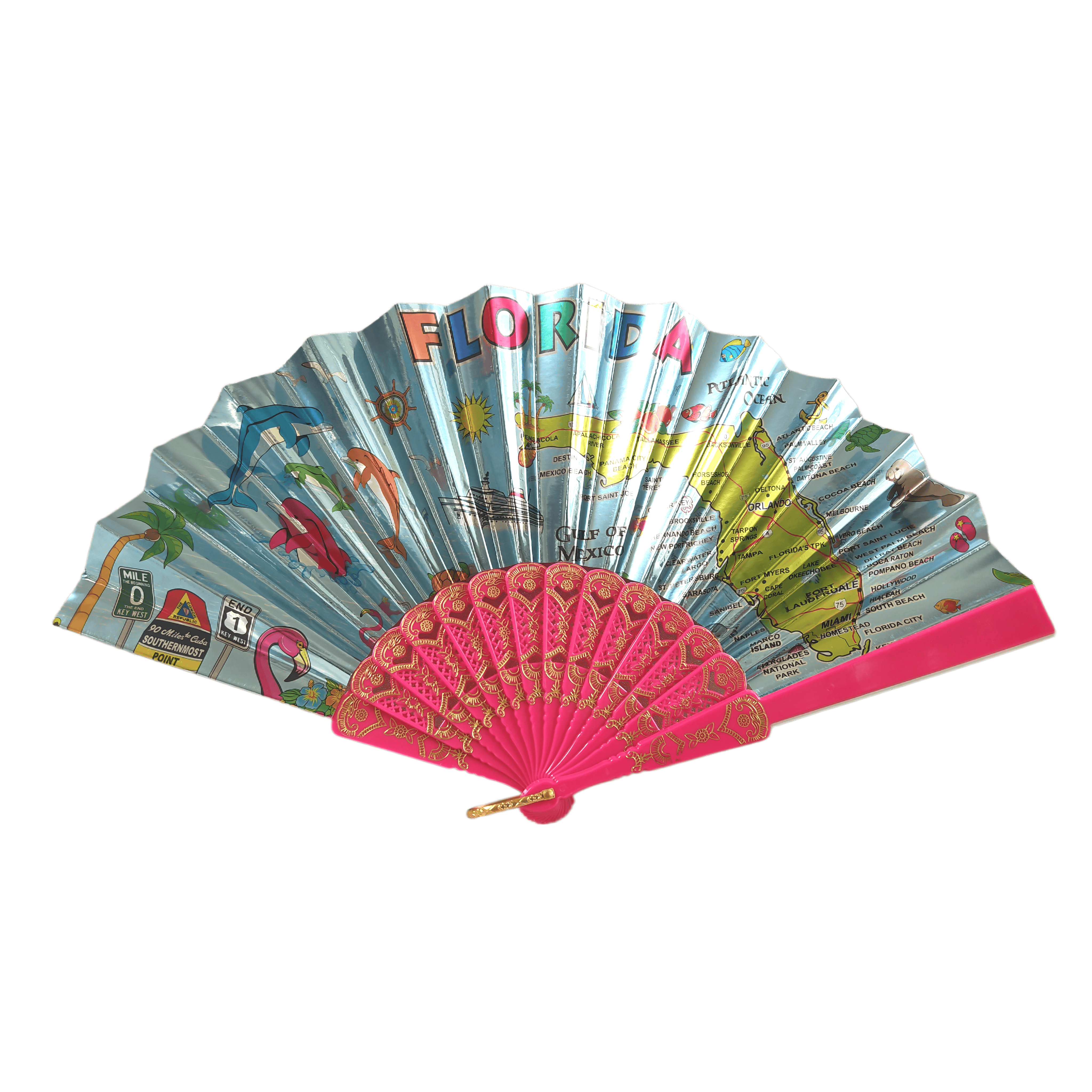 Leque de Mão em Papel e Plástico com Revestimento Metálico com Mapa Turístico da Flórida – Leque Dobrável Souvenir Tropical com Hastes Rosa com Gravação Dourada