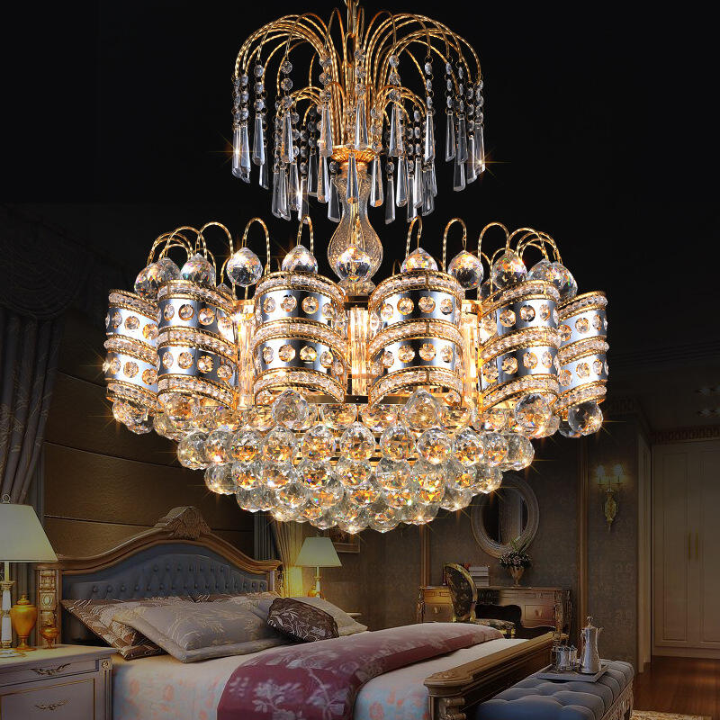 Moderne eetkamer- en sitkamer-versieringslamp, kunsvormige goue kristalkandelaar, hanglig
