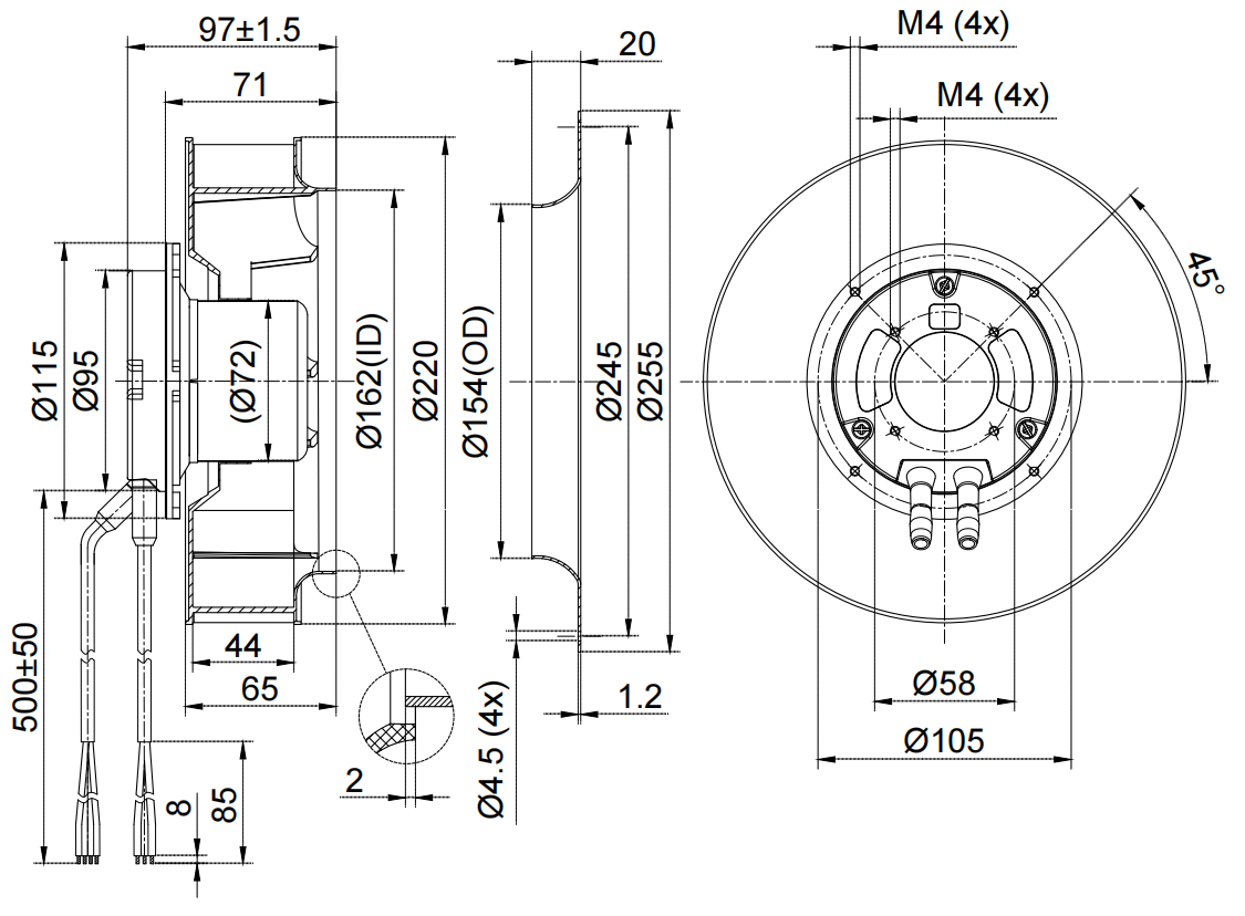 FB3G220-2APL-70 Backward Curved Centrifugal Fan, 230VAC, 220mm, 1099 m3/h manufacture