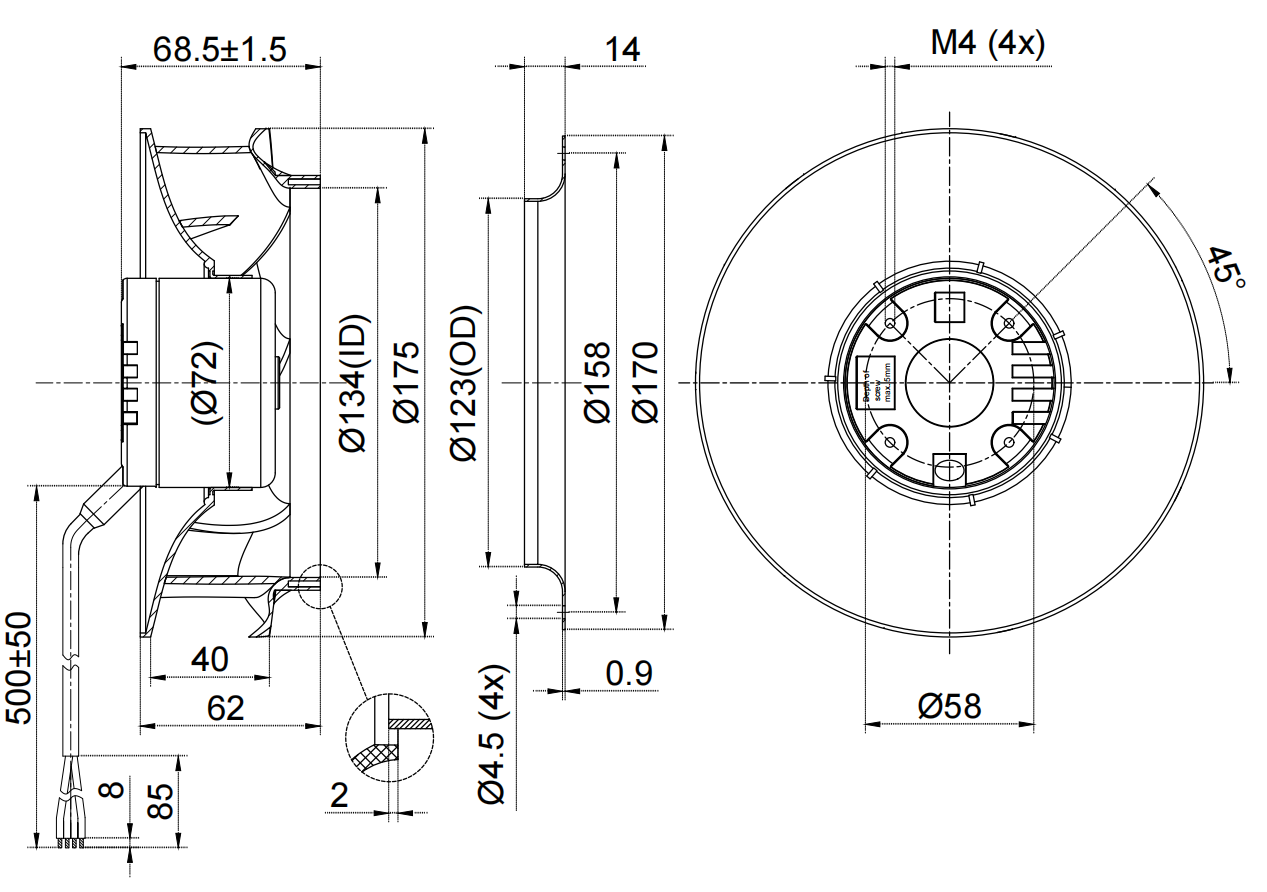 FB3G175-24LH-7F Backward Curved Centrifugal Fan, 24VDC, 175mm, 1596 m3/h supplier