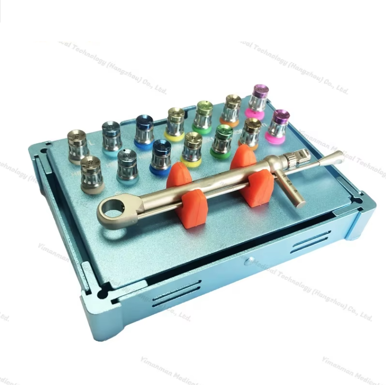 Cista Instrumentorum Megagen Dental pro Implantatione et Reparatione, Universale Torquimeterum Cum Clavibus Torquentibus, Set Quindecim Scalpellorum, Universale Instrumentum Prostheticum, Pretium Humile