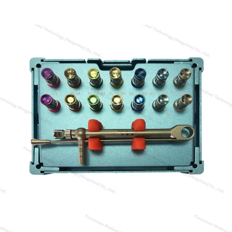 Cista Instrumentorum Megagen Dental pro Implantatione et Reparatione, Universale Torquimeterum Cum Clavibus Torquentibus, Set Quindecim Scalpellorum, Universale Instrumentum Prostheticum, Pretium Humile