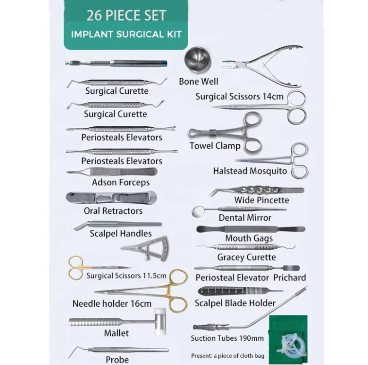 Instrumentum Chirurgicum Dentale, 26 PCS Set Kit Chirurgicum pro Implantis pro Dentem e Corea, Instrumentum Chirurgicum, Kit Instrumentorum Dentarium pro Dentistis, ex Accipitro Exsiccato