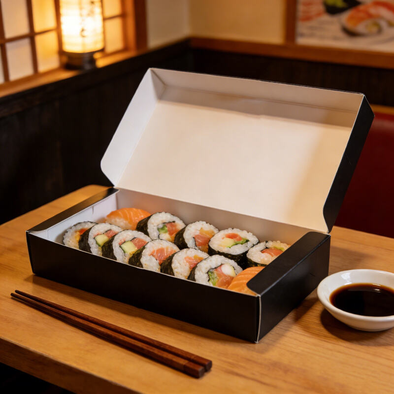 Paper boxes with divider inserts, used for packaging sushi, salads, noodles, rice, and ready-made meals