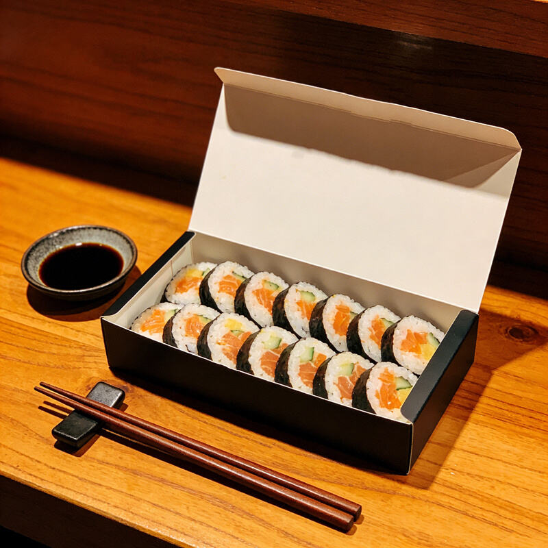 Paper boxes with divider inserts, used for packaging sushi, salads, noodles, rice, and ready-made meals