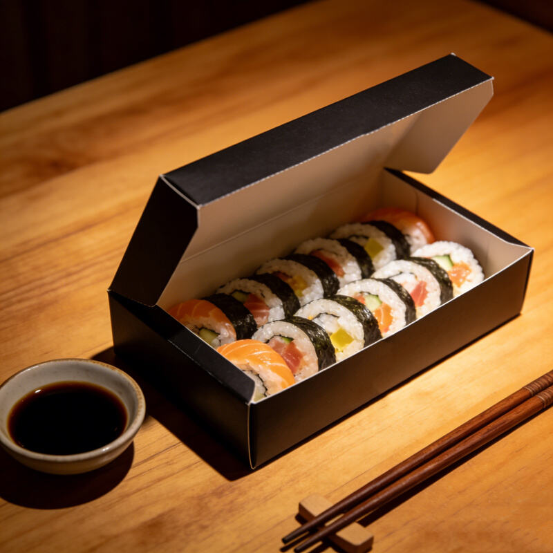 Paper boxes with divider inserts, used for packaging sushi, salads, noodles, rice, and ready-made meals