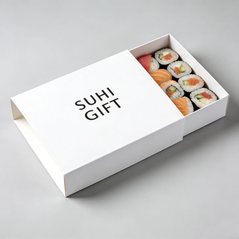 Fast food packaging boxes for sushi, burgers, fries, chicken nuggets, and meal sets, with secure closures