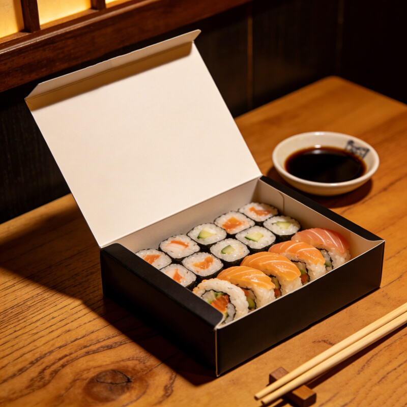 Paper boxes with divider inserts, used for packaging sushi, salads, noodles, rice, and ready-made meals