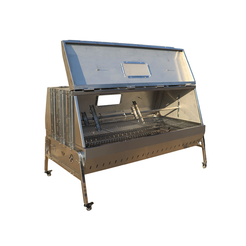 Asador giratorio espartano de acero inoxidable con doble tapa y dos motores