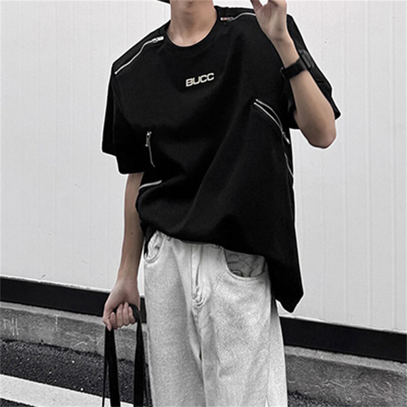 T-Shirt Bahu Lelaki Amerika Gaya Jalan Raya Tinggi dengan Bantalan Bahu, Rekaan Zip Logam, Kasual Moden untuk Musim Panas, Lengan Pendek