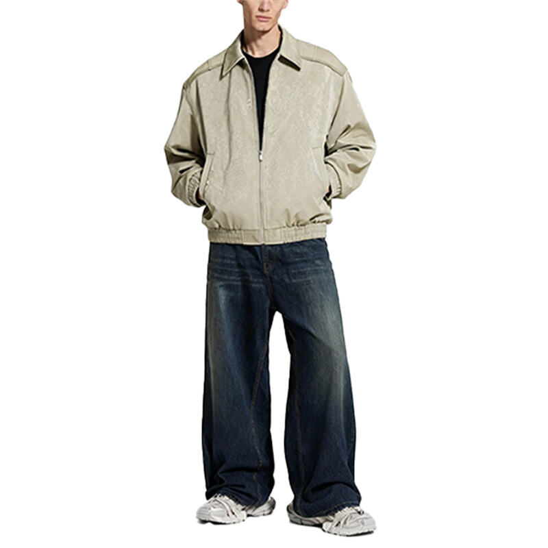 American Vintage Streetwear Textured Leather Zip-Up Jacket, Spring Autumn Workwear Outerwear