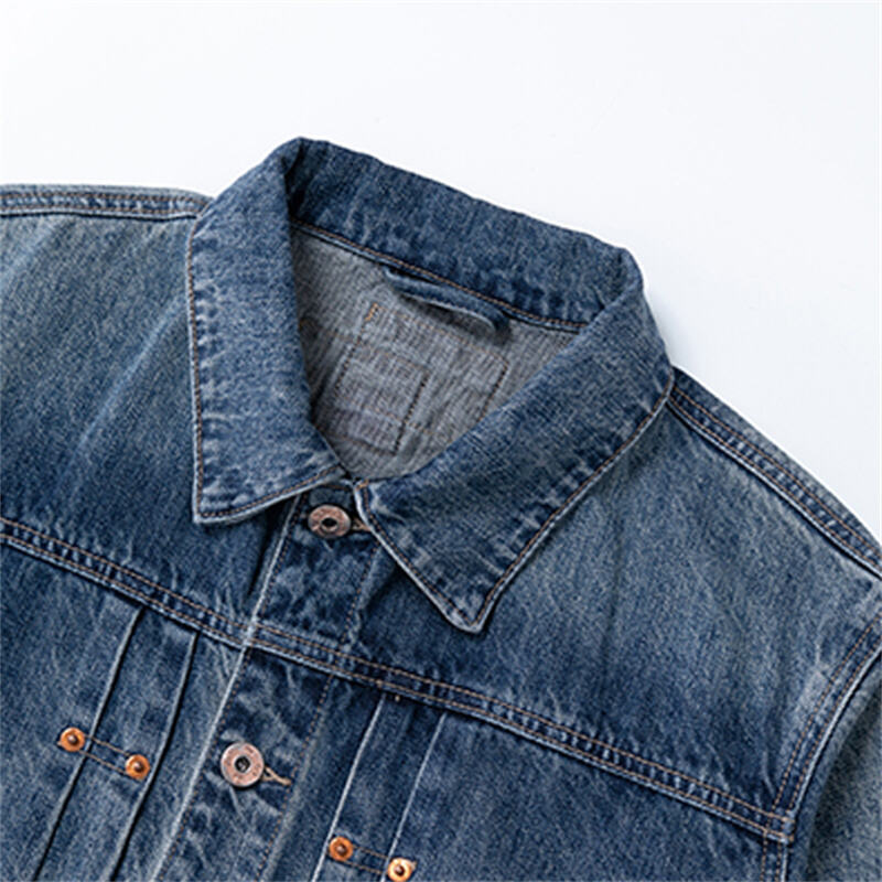 Jaket Denim Terjejas Berat Tinggi untuk Lelaki, Pakaian Kerja Retro dengan Poket Tampal Sulam dan Pakaian Luar Kasual