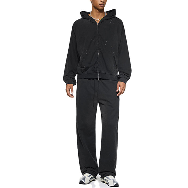 Men's Spray Wash Splash Ink Gradient Distressed Hooded Jacket, Boxy Fit Raw Edge Metal Zip Up Outerwear