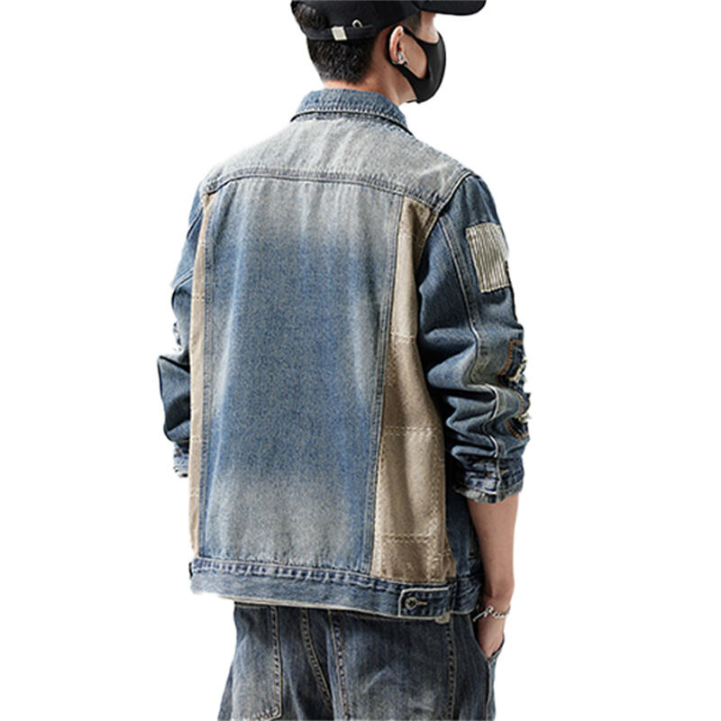 Jaket Denim Lelaki Bergaya Retro dengan Kesannya yang Terkikis | Gaya Fesyen Jalanan Amerika yang Disesuaikan