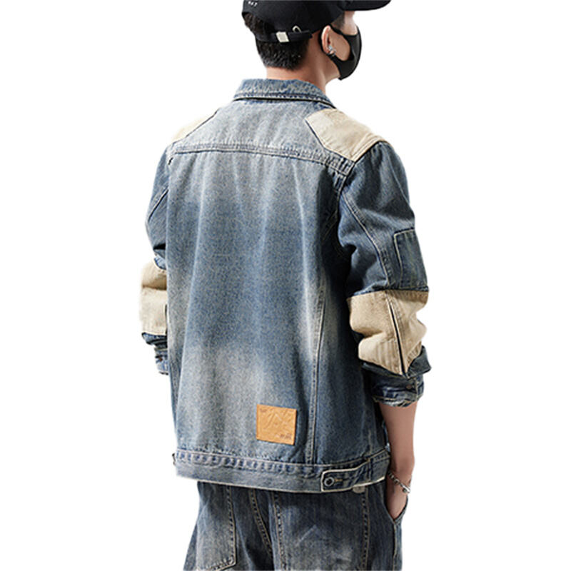 Jaket Denim Berat yang Telah Dibasuh dengan Butiran Kontras Kanvas untuk Lelaki