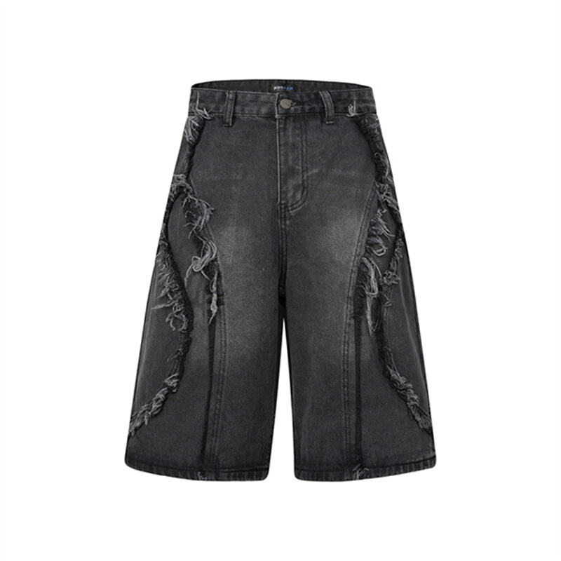 Wholesale Distressed Frayed Denim Shorts Men Vintage Light Wash Baggy Jorts Streetwear Loose Wide Leg Knee Length Jeans Shorts