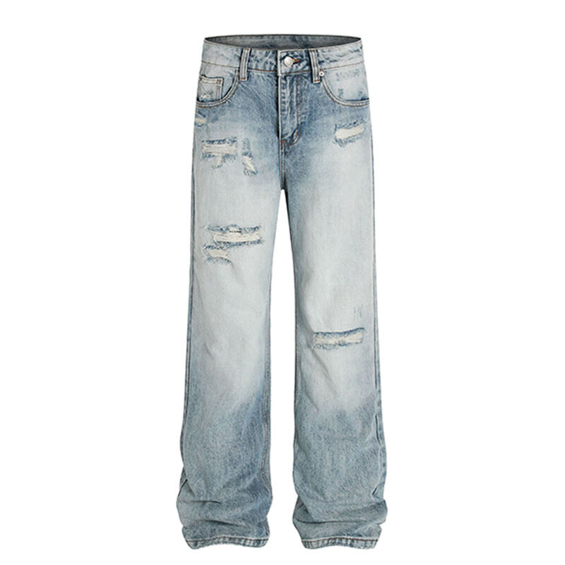 Wholesale Light Wash Distressed Baggy Jeans Men Vintage Ripped Wide Leg Streetwear Loose Fit Denim Pants