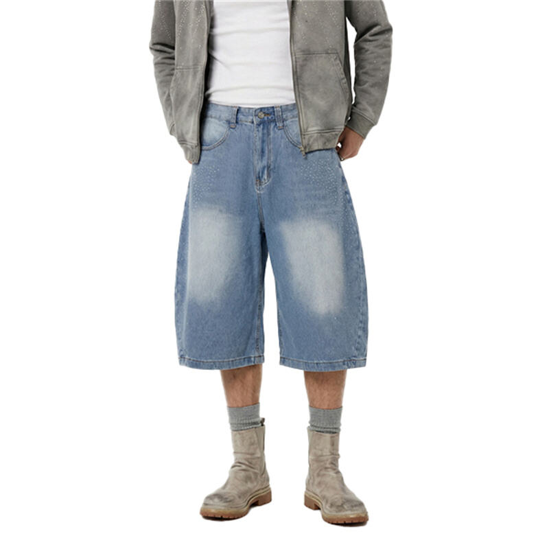 Men's 2026 SS Light Blue Starry Rhinestone Denim Capri Pants, Vintage Washed Distressed Cropped Jeans