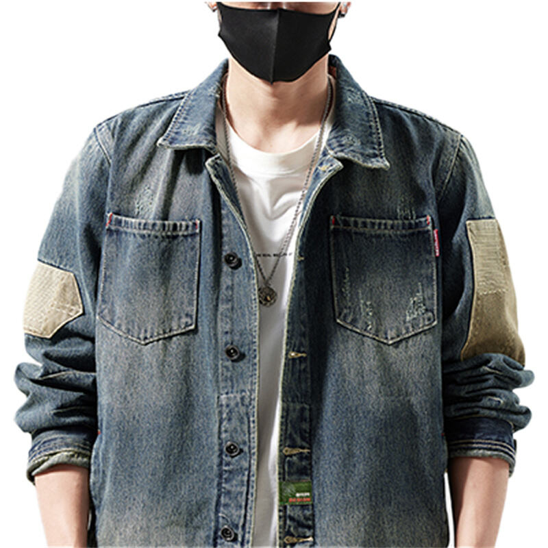 Jaket Denim Lelaki Retro dengan Kesannya yang Terkikis, Tambalan Lengan dari Kanvas & Tanda Belakang dari Kulit