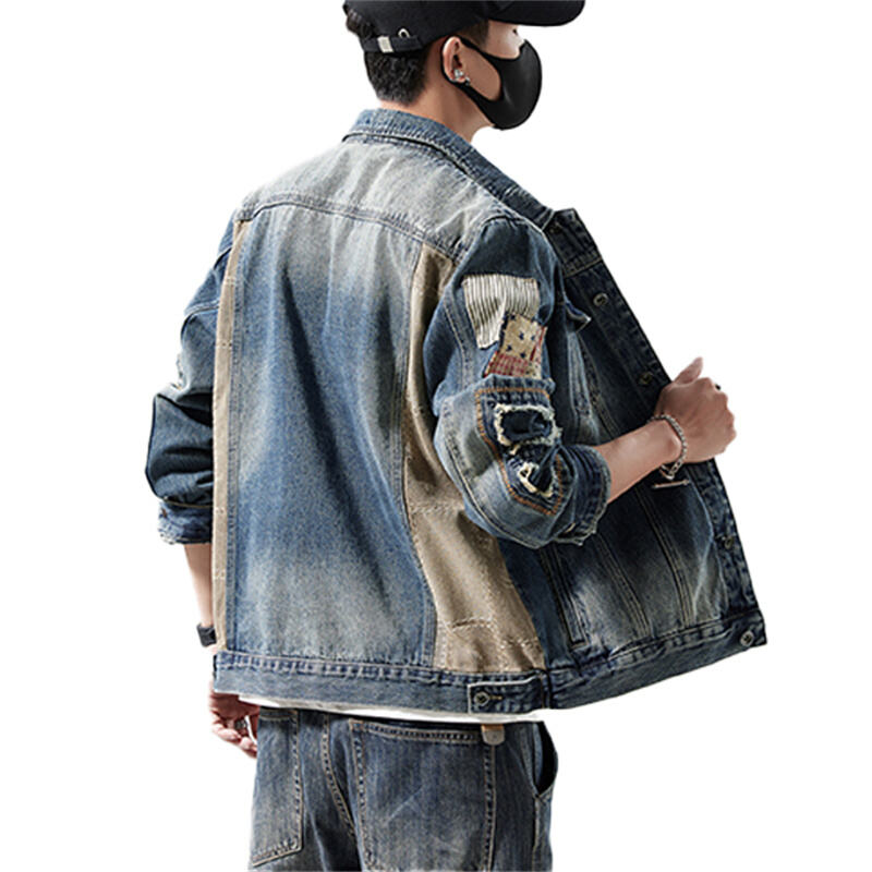 Jaket Denim Lelaki Bergaya Retro dengan Kesannya yang Terkikis | Gaya Fesyen Jalanan Amerika yang Disesuaikan
