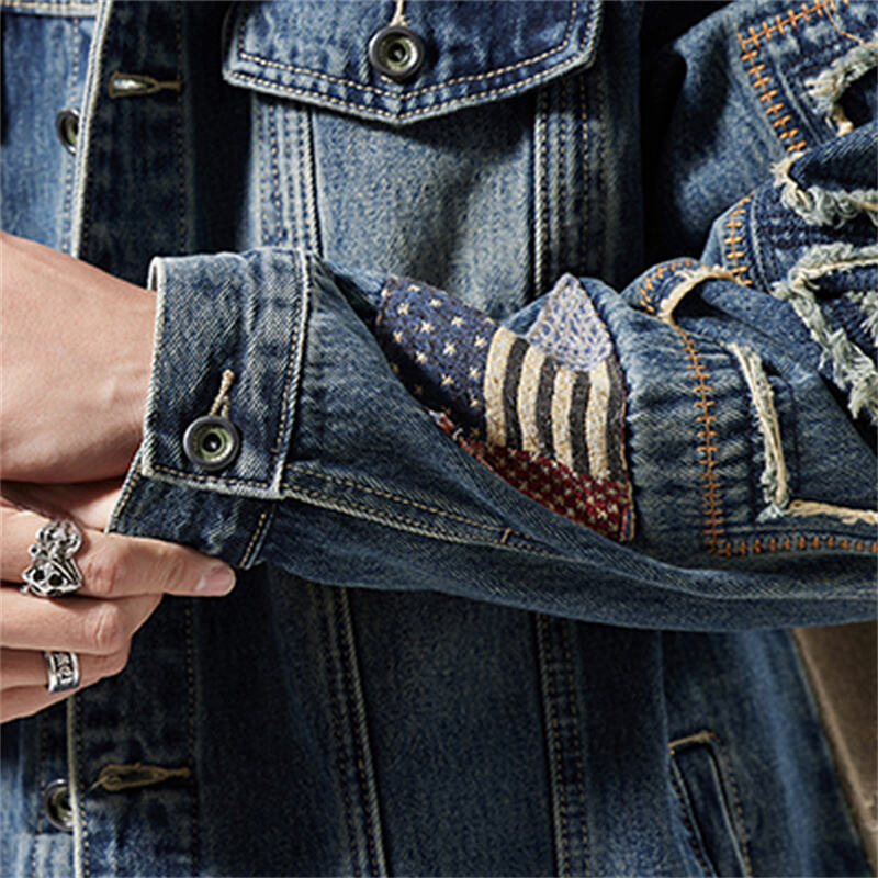 Jaket Denim Lelaki Bergaya Retro dengan Kesannya yang Terkikis | Gaya Fesyen Jalanan Amerika yang Disesuaikan