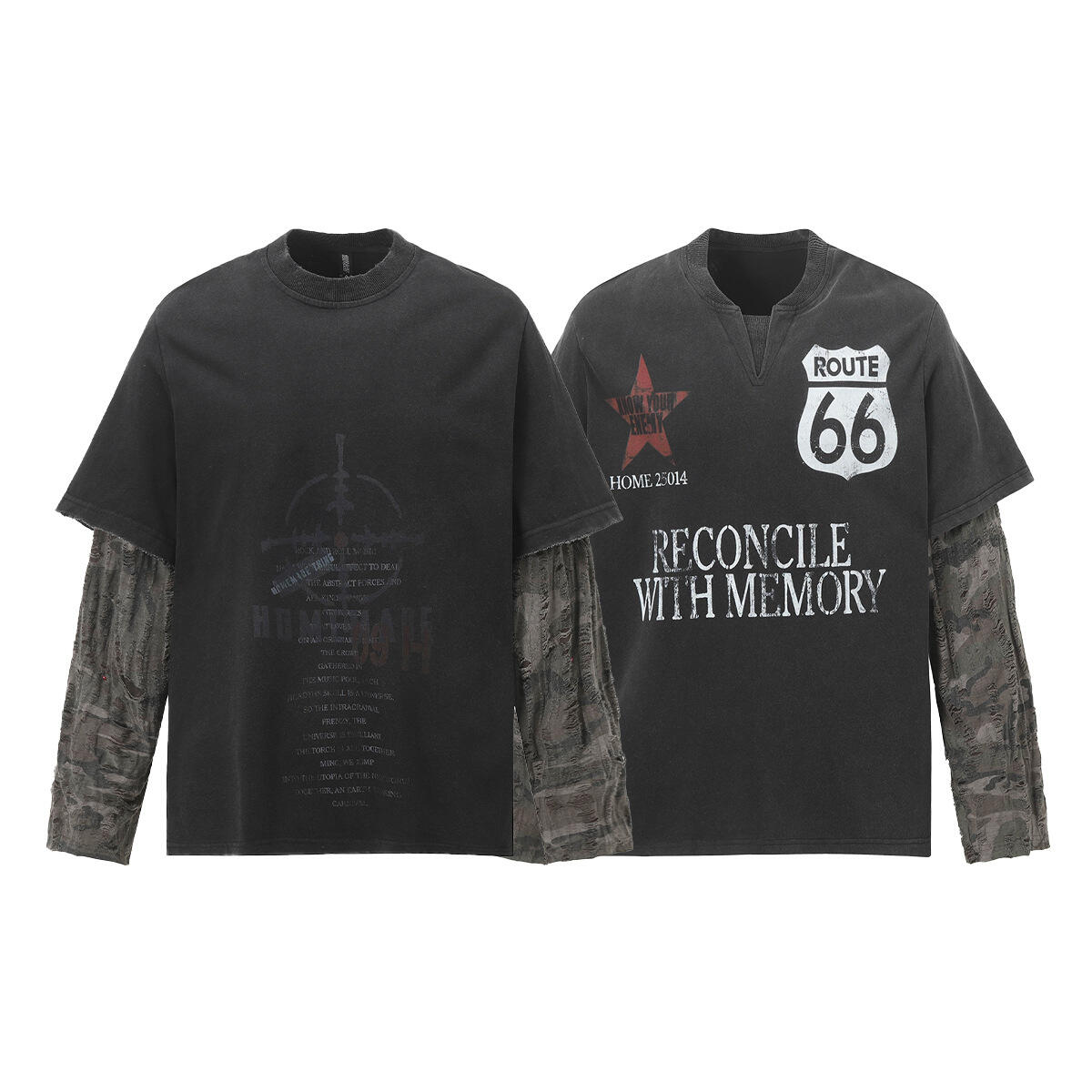 American Streetwear Fake Two-Piece Washed Distressed Destroyed Heavyweight Long Sleeve T-Shirt