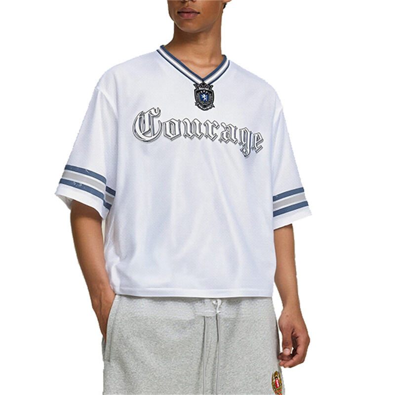 Men's Streetwear Jersey Inspired V-Neck Short Sleeve Tee - Lightweight Summer Ribbed Collar Athletic Style Top