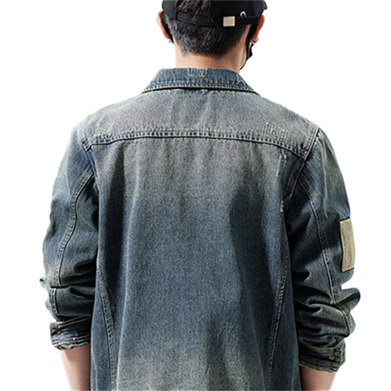 Jaket Denim Lelaki Retro dengan Kesannya yang Terkikis, Tambalan Lengan dari Kanvas & Tanda Belakang dari Kulit