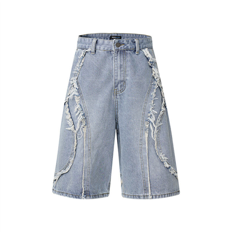 Wholesale Distressed Frayed Denim Shorts Men Vintage Light Wash Baggy Jorts Streetwear Loose Wide Leg Knee Length Jeans Shorts