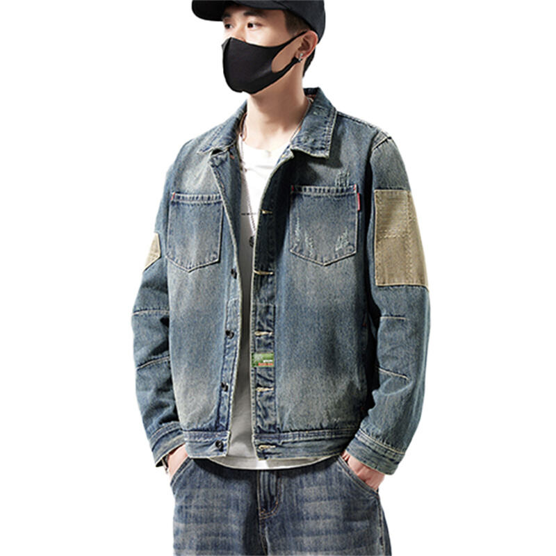 Jaket Denim Lelaki Retro dengan Kesannya yang Terkikis, Tambalan Lengan dari Kanvas & Tanda Belakang dari Kulit