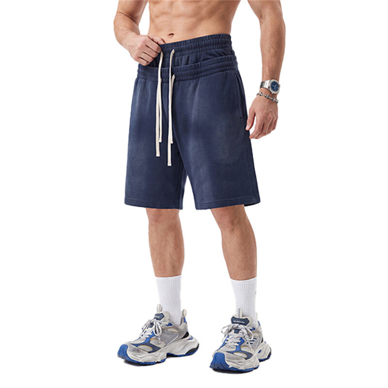 14、Men's American Streetwear 320G Heavyweight Shorts, Vintage Spray Monkey Wash Double Waistband Loose West Coast Casual Shorts