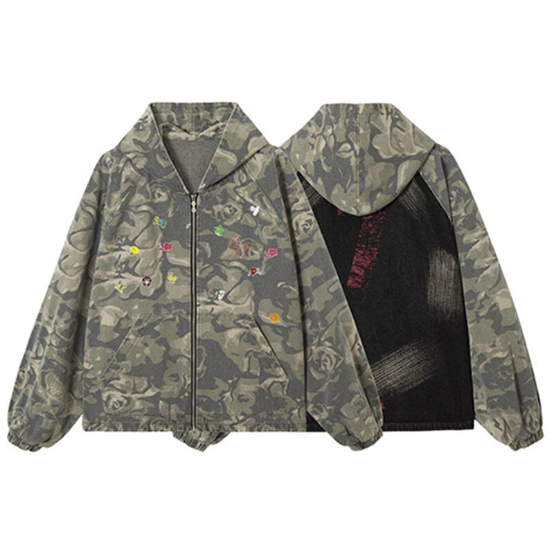 American Vintage Streetwear Patchwork Camo Jacket, Unisex Hooded Workwear Outerwear