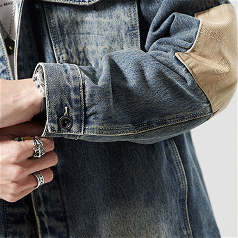 Jaket Denim Berat yang Telah Dibasuh dengan Butiran Kontras Kanvas untuk Lelaki