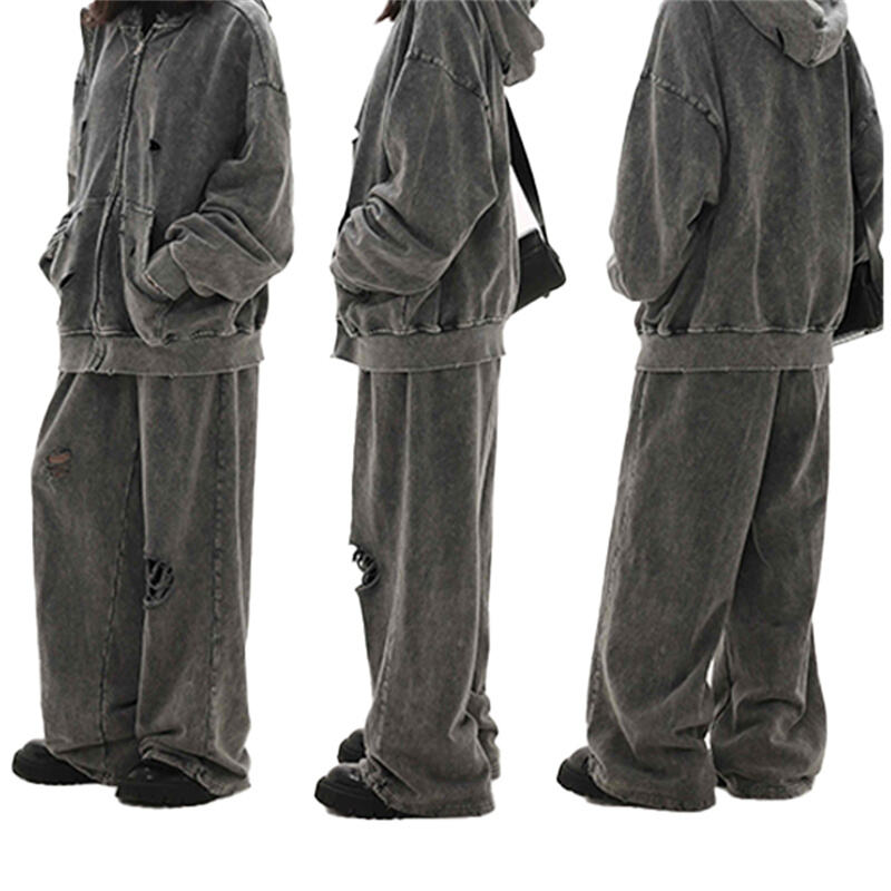 Distressed Washed Baggy Pants Men Elastic Waist Drawstring Wide Leg Grunge Streetwear Trousers Y2K Ripped Casual Sweatpants