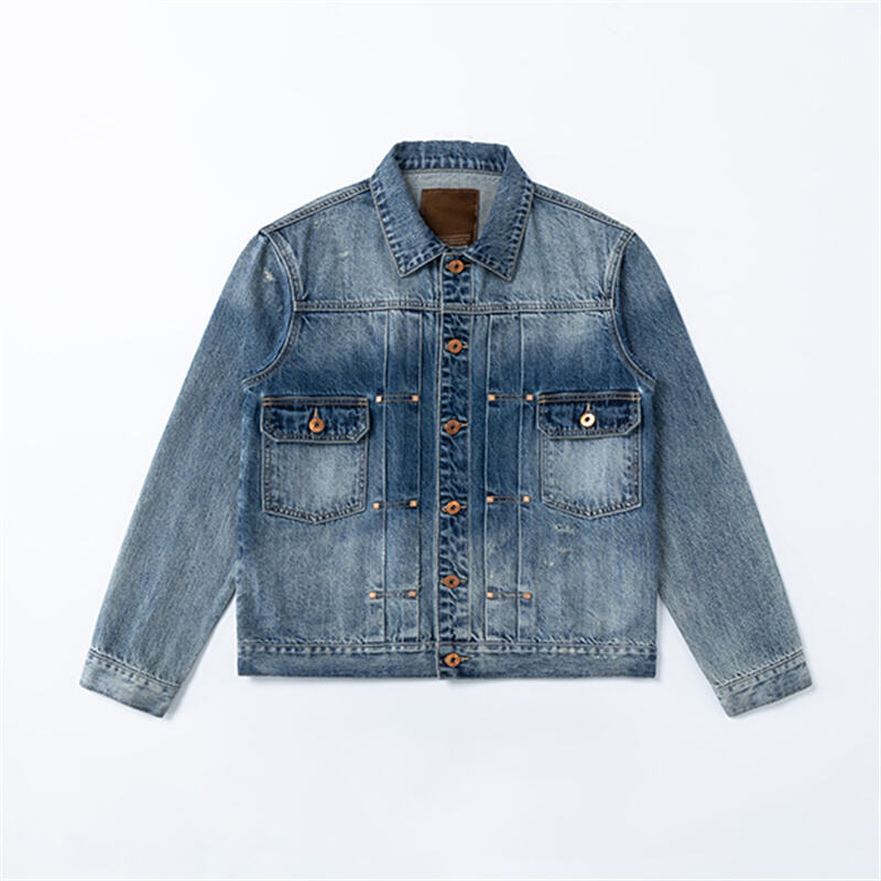 Jaket Trucker Denim Pakaian Kerja Klasik untuk Lelaki, Bergaya Vintaj yang Telah Dibasuh dengan Poket Dada Berganda