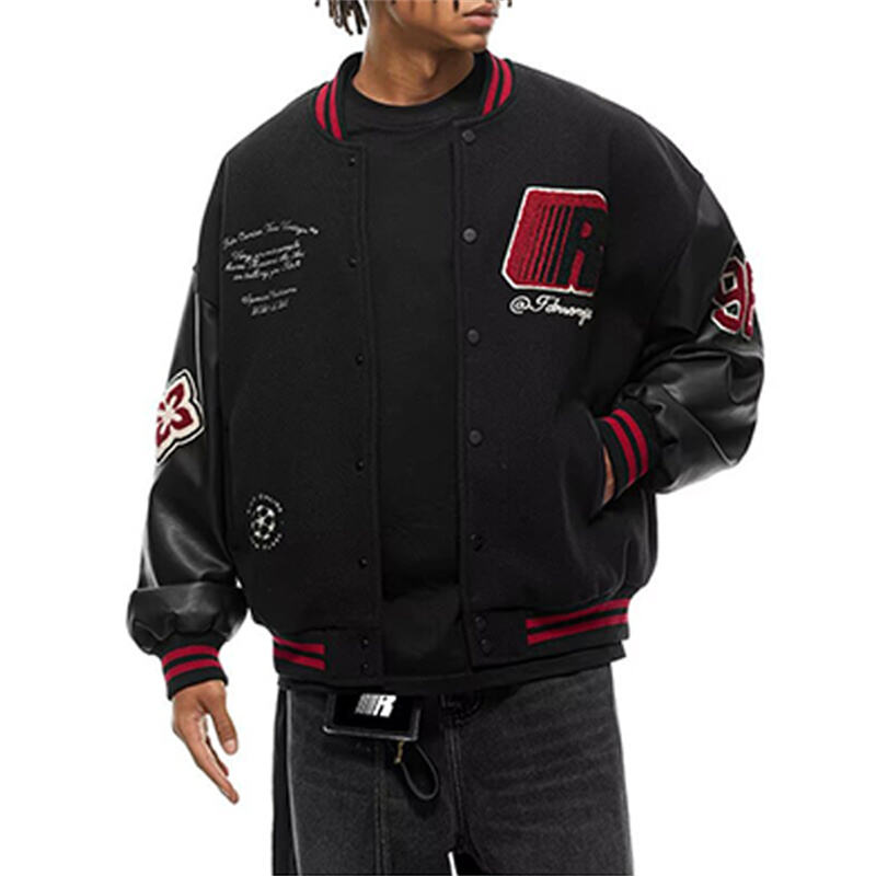 European American Style AC Milan Embroidered Varsity Jacket, High-Street Patchwork PU Leather Sleeve Baseball Jacket