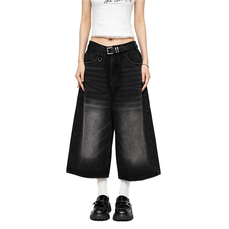 Y2K Wide Leg Culotte Jeans Women Vintage Washed Baggy Denim Skirt Pants Retro High Waist Loose Cropped Streetwear Trousers