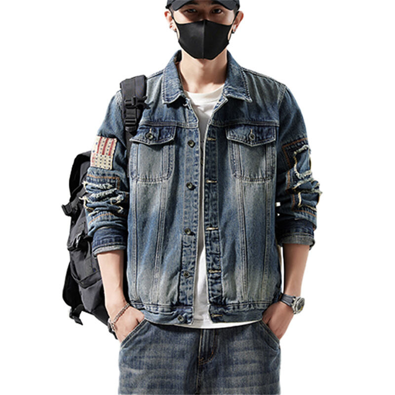 Jaket Denim Lelaki Bergaya Retro dengan Kesannya yang Terkikis | Gaya Fesyen Jalanan Amerika yang Disesuaikan