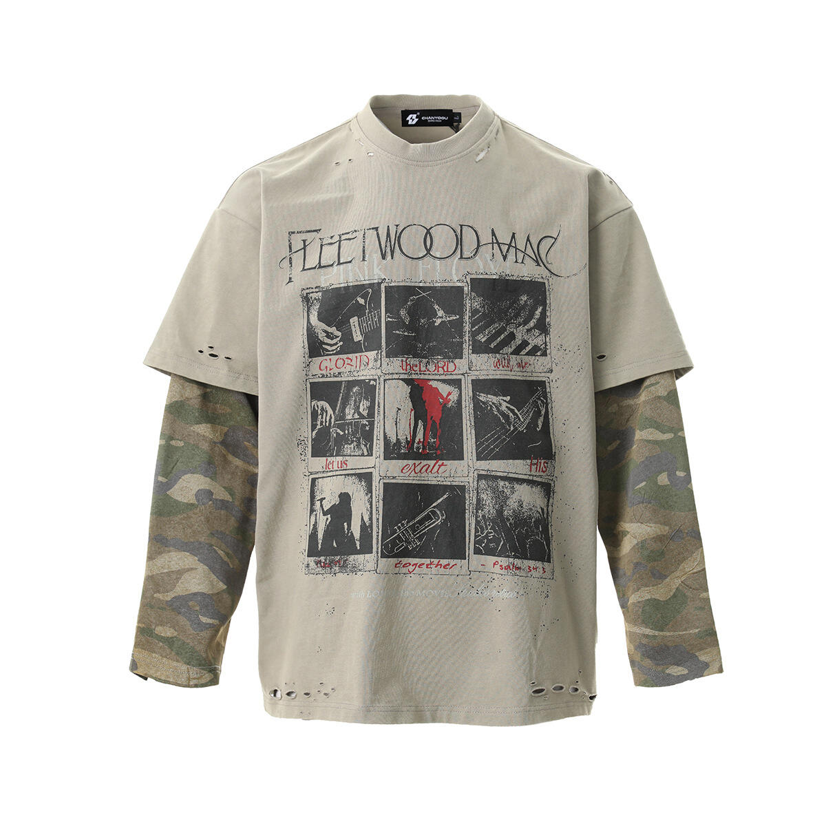 New American Vintage Rock Fake Two-Piece Graffiti Camo Long Sleeve T-Shirt