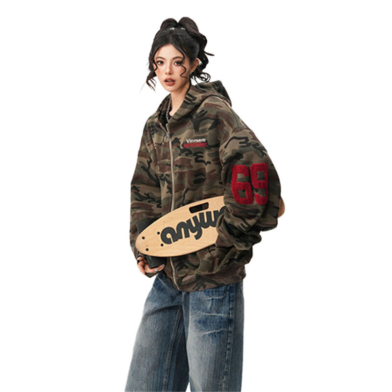 American High Street Camo Zip Up Hoodie, Unisex Couple Style Spring Vintage Loose Casual Hooded Outerwear