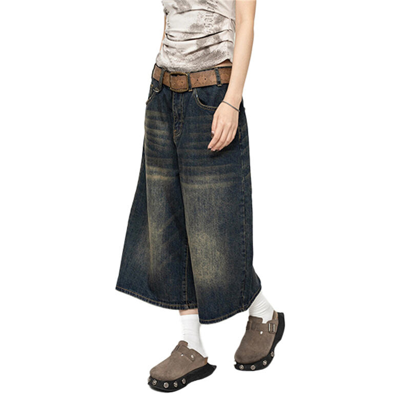 Y2K Wide Leg Culotte Jeans Women Vintage Washed Baggy Denim Skirt Pants Retro High Waist Loose Cropped Streetwear Trousers